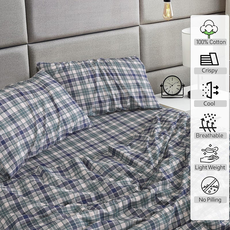 RUVANTI 100% Cotton King Size Sheets Set  4 Pieces  Soft & Breathable Percale Weave Bedding  Deep Pocket 16""  Hotel Standard  Crisp Cool Feel  Durable  Perfect Plaid Bed Sheet  Greenish Blue Plaid - Image 3